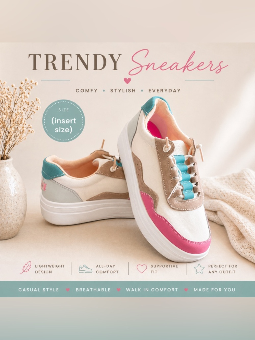 Hey Dude Cream Sneakers with Pink and Teal Accents